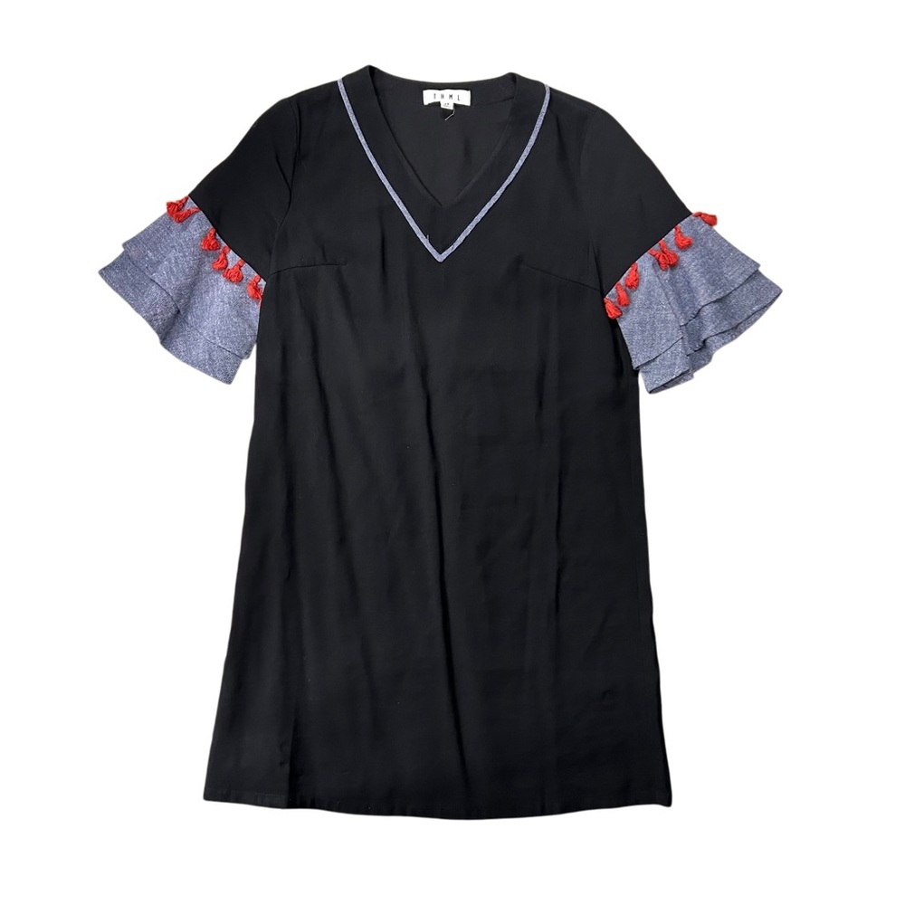 THML Womens XS Black Dress Bell Ruffle‎ Blue Sleeve with Coral Tassels EUC